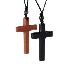 Eigso 2 Stück hölzerne Perlen Kruzifix Anhänger Halsketten für Männer Frauen Holz Buche religiöse Kreuz Halskette für Mann Frau von Eigso