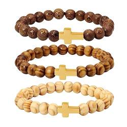 Eigso 3 Pcs Holzperlen Armbänder für Frauen Männer Hämatit Gold Kreuz Anhänger Holz Armband Set für Frau Mann von Eigso