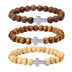 Eigso 3 Pcs Holzperlen Armbänder für Frauen Männer Hämatit Kreuz Anhänger Holz Armband Set für Frau Mann von Eigso