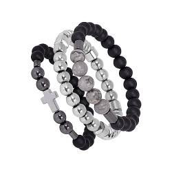 Eigso 3 Stück Schwarzer Stein Perlen Armbänder für Männer Frauen Unisex Mattes Glas Perlen Kreuz Anhänger Armband Set mit Karte Stein Perlen von Eigso