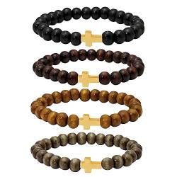 Eigso 4 Pcs 8MM Holzperlen Armbänder für Frauen Männer Hämatit Gold Kreuz Meditation Armband Gruppe für Frau Mann von Eigso