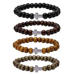 Eigso 4 Pcs 8MM Holzperlen Armbänder für Frauen Männer Hämatit Kreuz Meditation Armband Gruppe für Frau Mann von Eigso