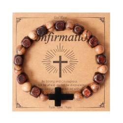 Eigso 8mm Matte Holzperlen Mala Gebet Armband für Männer Frauen Edelstahl Christlich Heilige Kreuz Armband für Mann Frau von Eigso