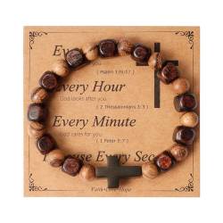 Eigso Braunes Holzperlen Mala Gebet Armband für Männer Frauen Edelstahl Christliches Heilige Kreuz Armband für Mann Frau von Eigso