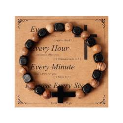 Eigso Christliche Geschenke Kreuz-Armbänder für Herren, Holz, Onyx, Perlen, Gebet, handgefertigt, Armreifen für Mann, Frau, Ehemann, Sohn, Holz, Kein Edelstein von Eigso