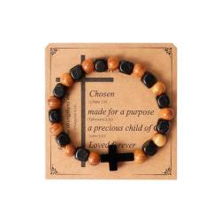 Eigso Herren-Armband, christliches Geschenk, Kreuzglieder-Armbänder, Mala-Perlen, handgefertigt, Gebetsarmbänder für Mann und Frau, Holz, Kein Edelstein von Eigso