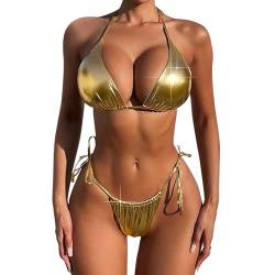 Damen Liquid Metallic Sexy Triangel Bikini Set Push up Neckholder Badeanzug Krawatte Seite Brasilianische Zweiteiliger Badeanzug, Gold, Large von Eilova Orityle
