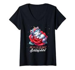 Damen Offizielles Schlafshirt Pyjama Fun Geschenk Einhorn T-Shirt mit V-Ausschnitt von Einhorn Geschenkidee Langschläfer Lustig