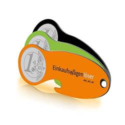 Einkaufswagenlöser ® Münze grün,orange,schwarz/Schlüsselanhänger Einkaufschip mit Schlüsselfundservice/Abziehbarer Einkaufswagenchip Metall, Chip Einkaufswagen, Key Finder / 3 Stück von Einkaufswagenlöser