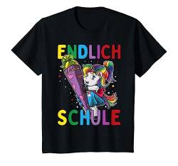 Kinder Einschulung Einhorn Endlich Schule mit Schultüte Zuckertüte T-Shirt von Einschulung Geschenk Outfits