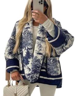 Eisctnd Gedruckt Blume Baumwolle Jacke Frauen Langarm Einreiher Kurze Strickjacke 2023 Herbst Chic Damen, Blueflower, M von Eisctnd