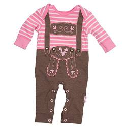 Eisenherz Baby Strampler rosa Langarm mit Druckverschluss im Schritt Lederhose mit Hosenträgerapplikation in Größe 80 - fescher Trachtenlook von Eisenherz