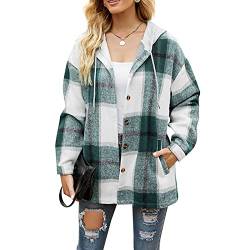 Damen Kapuzen Tartan Jacke Langarm Button Up Pocket Shirt Frühling Herbst und Wintermode (S) von Ejoyous