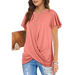 Damen Rundhals einfarbig Kurzarm/Langarm locker Basic Shirt Damen Women’s Short Sleeve Twist Front Fashion Top Bluse von Ejoyous