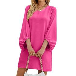 Damen V-Ausschnitt Tunika Kleider mit 3/4 Puffärmel Blusenkleid Einfarbig A-Linie MiniKleid Sommerkleider Loose Kurz Freizeitkleider (L-Rosenrot) von Ejoyous