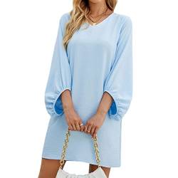 Damen V-Ausschnitt Tunika Kleider mit 3/4 Puffärmel Blusenkleid Einfarbig A-Linie MiniKleid Sommerkleider Loose Kurz Freizeitkleider (XL-Hellblau) von Ejoyous