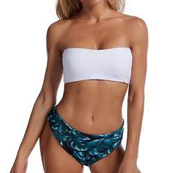Ejoyous Damen Bikini Set Rückenfrei Bandeau Bikinioberteil Hohe Taille Zweiteilig Bademode Trägerloser Badeanzug(M-Weißes Top und grüne Shorts) von Ejoyous