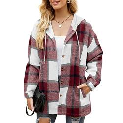 Ejoyous Damen Casual Plaid Cardigan Sweatshirt Stilvolle Casual Button-Down Kapuzenhemd Bluse Grid Color Blocking Plaid Damen Casual Bluse Outwear Tops(XL-Rot) von Ejoyous