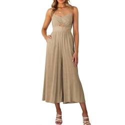 Ejoyous Damen Jumpsuit V Ausschnitt mit Weitem Bein Sommer Spaghettiträger Ärmelloser Jumpsuit Overall Hosenanzug Playsuit Romper (M-Khaki) von Ejoyous