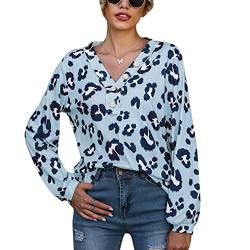 Ejoyous Damen Langarm Bluse V-Ausschnitt Hemden Casual Arbeit Oberteile Tshirt Tops Tunika Langarmshirt Leopardendruck (XXL-Blau) von Ejoyous