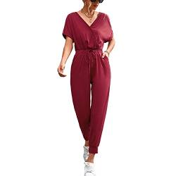 Ejoyous Damen-Overall mit V-Ausschnitt, Kurzarm, Taille, Kordelzug, elastisch, Kurze, neunte Hosen, Overalls mit Taschen(XXL-Rotwein) von Ejoyous