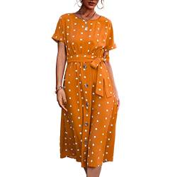 Ejoyous Damen Polka Dots Kurzarm Sommerkleid Taille Gürtel Rundhals Knopfleiste Kausal Midi Vintage Cocktailkleid(S-Gelb) von Ejoyous