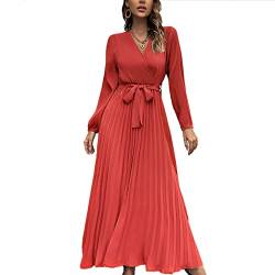 Ejoyous Langes Damenkleid mit V-Ausschnitt, Langen Ärmeln, Faltenrock, Laternenärmeln, Damen-Abend-Cocktail-Maxikleid mit Gürtel für Damen(XL-Rot) von Ejoyous