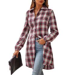 Karierte Bluse Damen Lang Karohemd Button-down Langarmshirt Boyfriend-Stil Hemdbluse Plaid Shirt Lässige Kapuzenjacke (L) von Ejoyous