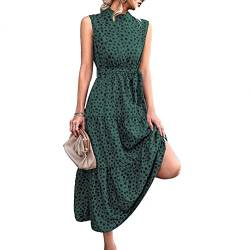 Kleid mit Punktdruck, Gürtel, ärmelloses Stehkragen, Hohe Taille, Damen, Sommerkleid, Elegantes Sommerkleid, Langes Kleid für Party, Club, Arbeit, Einkaufen,(S-Grün) von Ejoyous