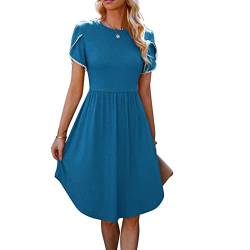 Midikleid Damen, Locker Lässig Wickelsaum Spitze Kurzarm Kleid Sommer Rundhals Kleid Rundhals Kleid mit Spitzenärmeln Plissee Swing Lässiges Midikleid für Dating Party Urlaub Party,(L-Blau) von Ejoyous