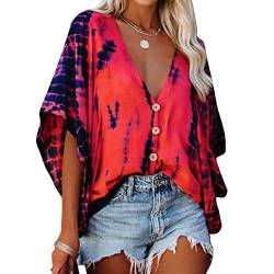 Tie Dye Print Fledermausärmel V-Ausschnitt Top Damen Sommer Fledermaus Kurzarm Chiffon T-Shirt Bluse, Fledermaus Chiffon Top für Frauen Kurzarm Tie Dye Print Fledermausärmel V-Ausschnitt(XL-rot) von Ejoyous