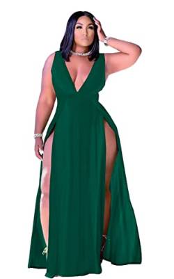 Ekaliy Damen Plus Size Ärmelloses Tiefer V-Ausschnitt Vorne Split Lange Maxi Wickelkleid, Grün , Groß von Ekaliy