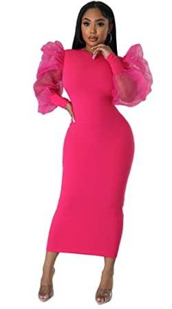 Ekaliy Damen Plus Size Bodycon Kleid Elegant Laterne Langarm Mesh Solid Sexy Abend Party Maxi Langes Kleid, 3#Rose, X-Groß von Ekaliy