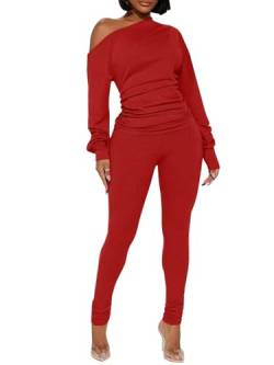 Ekaliy Sexy 2-teiliges Outfit für Damen, schulterfrei, geripptes Hosen-Set, Trainingsanzug, Clubwear, 6016 - Rot, S von Ekaliy