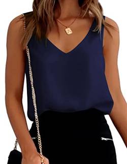 Damen Satin Tank Top Strap Basic Cami Sommer Weste Shirt Läsiges V-Ausschnitt Cami Ämellose Blusen,Navy blau,XL von Ekouaer