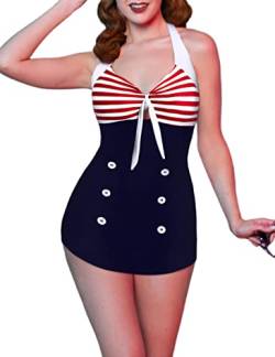 EKOUAER Damen Vintage Retro gestreifter Badeanzug Pin up Halter Monokini Badeanzug X-Large rot von Ekouaer