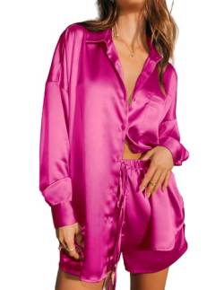 Ekouaer 2-teiliges Pyjama-Set für Damen, Satin, langärmelig, Lounge-Set, Hemden und Shorts, Schlafanzug, weiches Nachtwäsche-Set, Knallpink (Hot Pink), XXL von Ekouaer