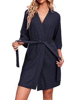 Ekouaer Bademäntel für Damen Waffelstrick Morgenmantel Lässig Robe Hochzeit weich leicht knielang Loungewear Marineblau L von Ekouaer