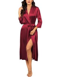 Ekouaer Bademantel Morgenmantel Damen Lang Bademantel Brautjungfern-Hochzeitsfeier Seidenroben Satin Nachtwäsche mit Taschen Kimono, Weinrot, L von Ekouaer