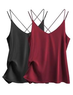 Ekouaer Blusentop Silk Satin Cami V-Ausschnitt Ärmellose Damen Top Elegant Unterhemden Leicht Tank Top, Schwarz+Weinrot, S von Ekouaer