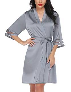 Ekouaer Bride Morgenmantel Damen Kurz Elegant Robe Satin Schlafmantel V Ausschnitt kurzarm Frauen Kimono Bademantel Braut Sommer Grau von Ekouaer