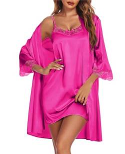 Ekouaer Bride Morgenmantel Damen Satin Sexy Dessous Negligee Spitze V-Ausschnitt Braut Bademantel Kurz mit Gürtel Babydoll Nachthemd 2PCS, Fuchsia, L von Ekouaer