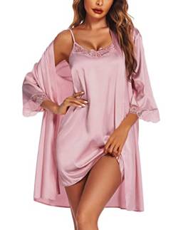 Ekouaer Bride Morgenmantel Damen Satin Sexy Dessous Negligee Spitze V-Ausschnitt Braut Bademantel Kurz mit Gürtel Babydoll Nachthemd 2PCS, Rosa, M von Ekouaer