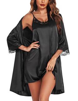 Ekouaer Bride Morgenmantel Damen Satin Sexy Dessous Negligee Spitze V-Ausschnitt Braut Bademantel Kurz mit Gürtel Babydoll Nachthemd 2PCS, Schwarz, S von Ekouaer