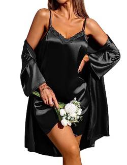 Ekouaer Damen 2er Nachtwäsche Set Sexy Negligee Nachthemd und 3/4 Ärmel Bademantel Halloween Schwarz M von Ekouaer