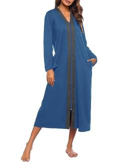 Ekouaer Damen Bademantel mit Reißverschluss, lange Ärmel, Loungewear, leicht, Hausmantel in voller Länge - Blau - Medium von Ekouaer