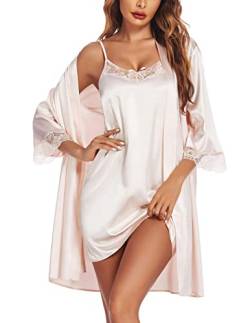 Ekouaer Damen Dessous Negligee Satin Sexy Kimono Bride Bademantel Kurz mit Gürtel Morgenmantel Braut Babydoll Nachthemd Hochzeit 2pcs, Champagner, XL von Ekouaer