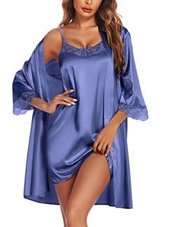 Ekouaer Damen Dessous Negligee Satin Sexy Kimono Bride Bademantel Kurz mit Gürtel Morgenmantel Braut Babydoll Nachthemd Hochzeit 2pcs, Kornblume, XL von Ekouaer