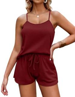 Ekouaer Damen Hausanzug Schlafanzug für Damen weiche Dessous Nachtwäsche 2-teiliges Cami-Shorts-Set Waffelstrick-Pyjama-Loungewear, 2PC- Rotwein, S von Ekouaer