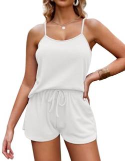 Ekouaer Damen Hausanzug Schlafanzug für Damen weiche Dessous Nachtwäsche 2-teiliges Cami-Shorts-Set Waffelstrick-Pyjama-Loungewear, 2PC- Weiß, S von Ekouaer